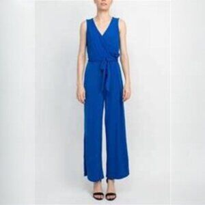 Nina Leonard Women's Surplice Jumpsuit Wide Leg Deep Sea Blue L Beach Casual EUC